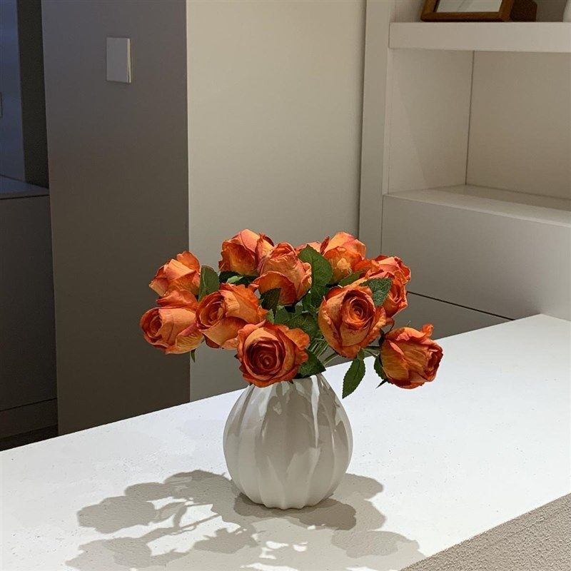 高级感仿真焦边玫瑰花餐桌假花陶瓷花瓶装饰摆件花束客厅玄关软装,家居饰品,仿真花/假花,淘宝优惠券,粉丝福利购,淘宝优惠卷