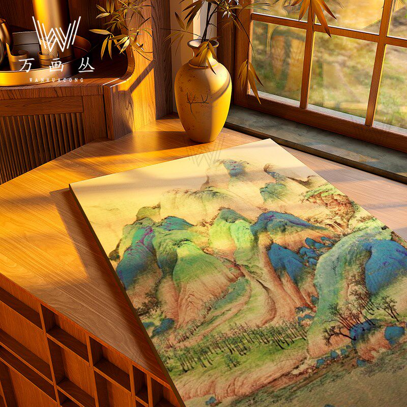 木质手绘漆画 画千里江山图肌理装饰画 画玄关客厅挂画 画书房饭