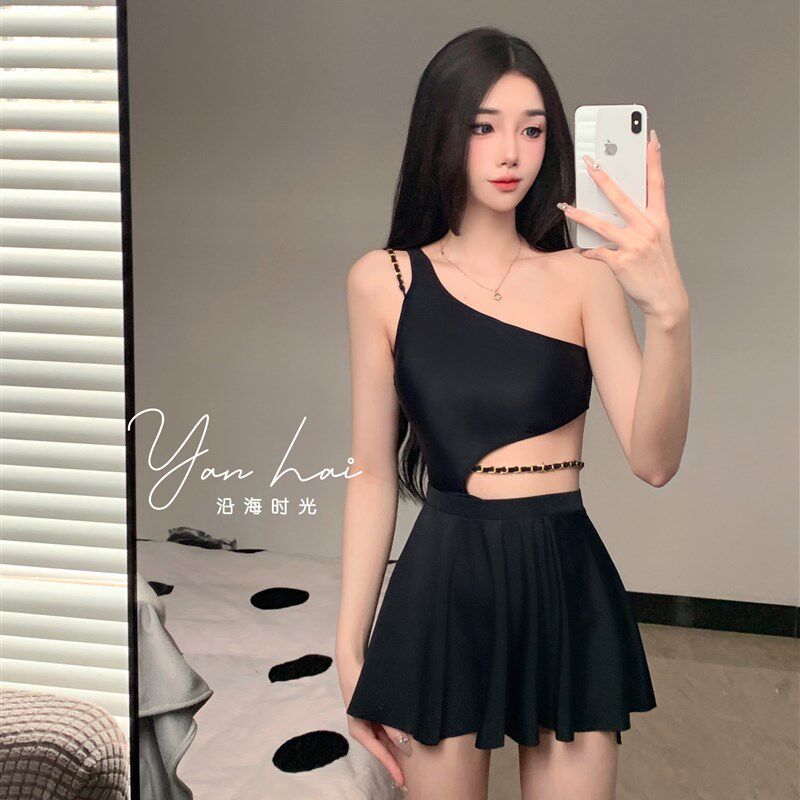 泳衣女纯欲连体三角裙式两件套比基尼聚拢显瘦遮肚度假.温泉游泳
