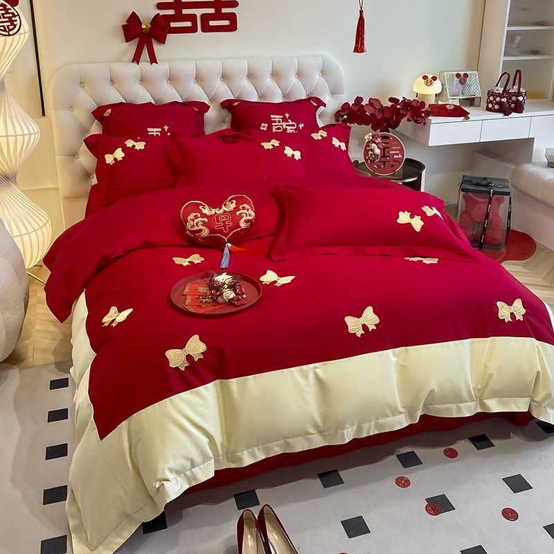 高端100支长绒棉婚庆四件套全棉纯棉结婚礼大红色公主风床上用品4
