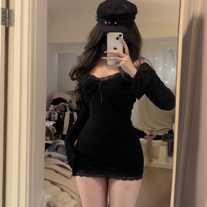 荔枝爱睡觉 秋冬纯欲黑色蕾丝长袖打底包臀裙~显身材开衫慵懒,女装/女士精品,毛针织衫,淘宝优惠券,粉丝福利购,淘宝优惠卷