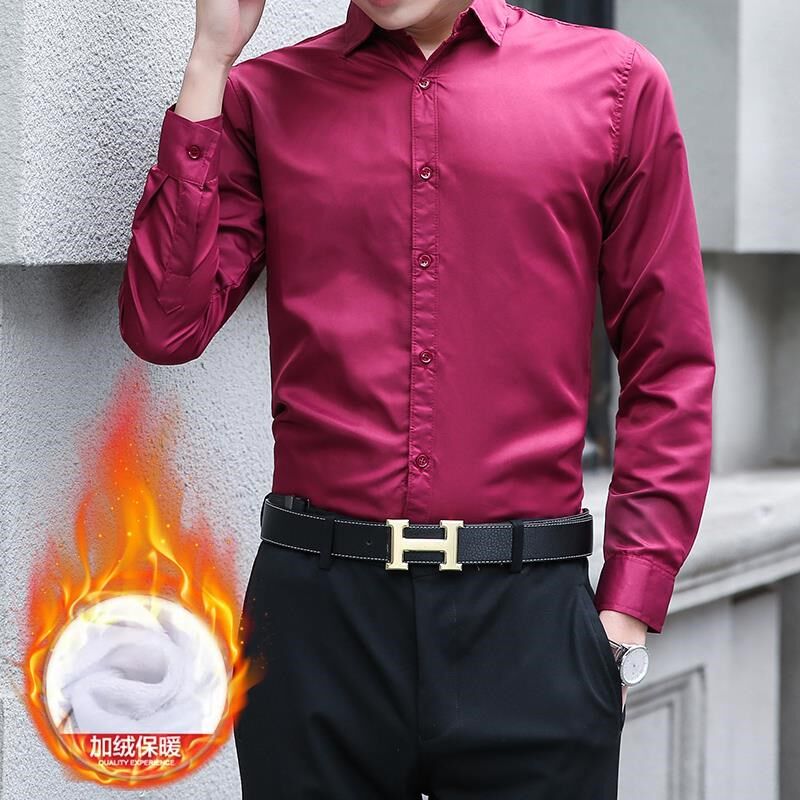 绒冬季男士加加厚蓝色衬衫长袖韩修职身业装保版暖商务衬衣工