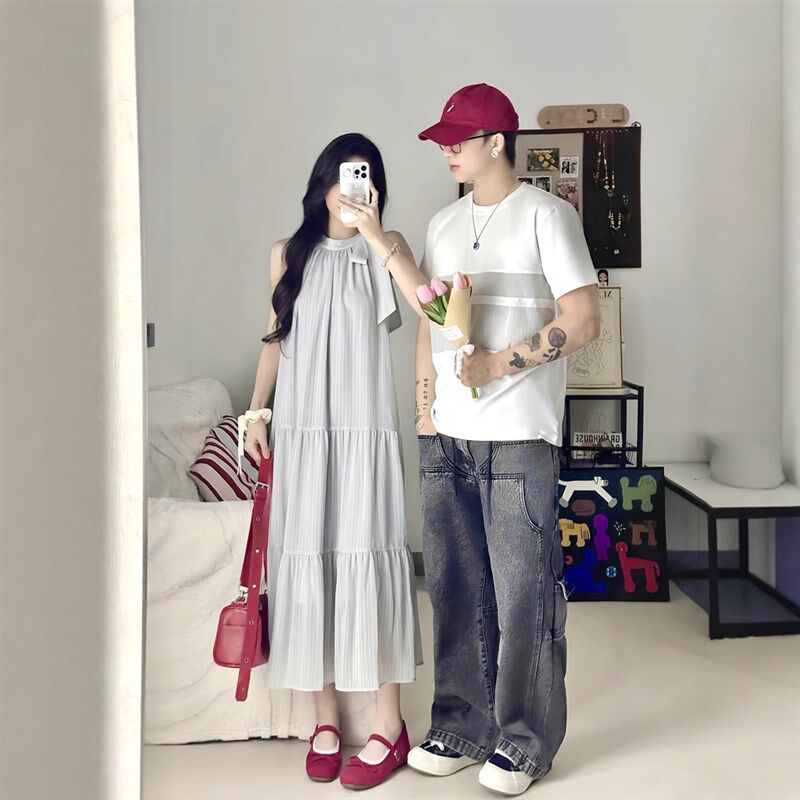 法式情侣装夏季一裙一衣气质无袖挂脖小众设计感2025新款撞色高级