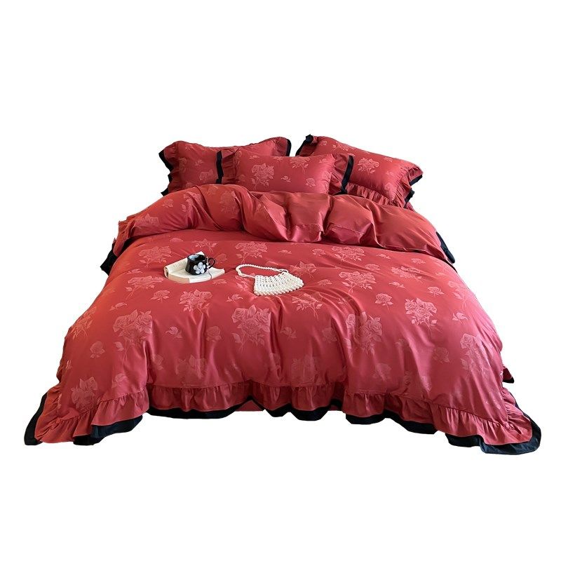 婚礼红色100S提花长绒棉四件套全棉玫瑰新婚庆结婚被套床上用品