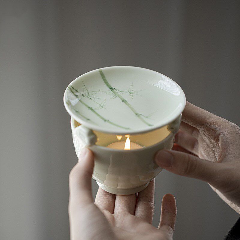 手绘陶瓷烤茶炉 竹子花朵瓷板画A茶道配件 文人烤茶器功夫茶具新