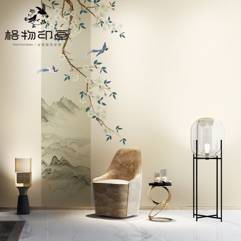 新中式淡雅圆月花鸟电视背景墙纸壁布书房卧室环保防潮无纺布壁画