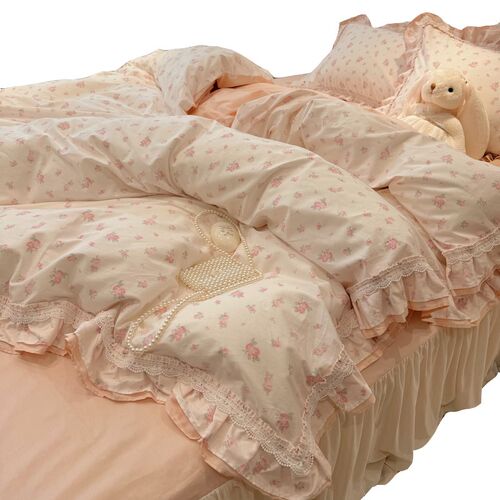 少女心韩式花边小碎花全棉四件套床裙公主被套床上用品