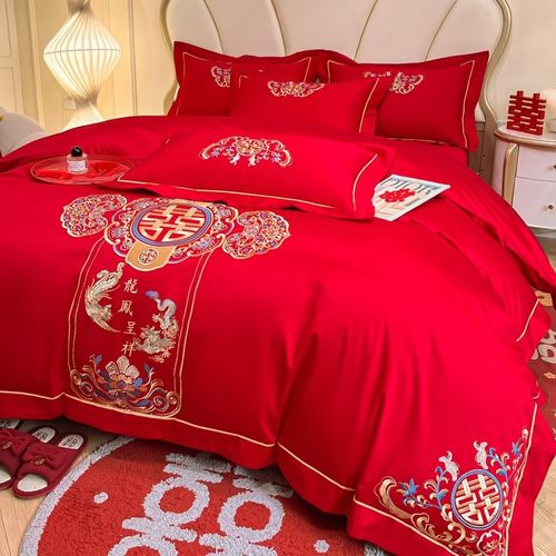 中式龙凤刺绣大红色婚庆四件套新婚陪嫁纯棉结婚床单被套床上用品