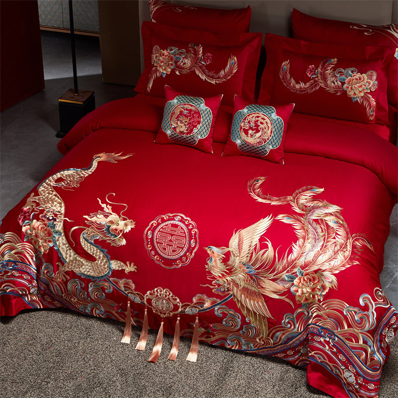 120支端长绒棉婚庆四件套大红色纯棉喜被龙凤刺绣结婚床上用品4