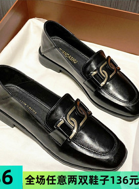 英伦风小皮鞋女春秋2021新款平底单鞋一脚蹬乐福P鞋大码女鞋41一4