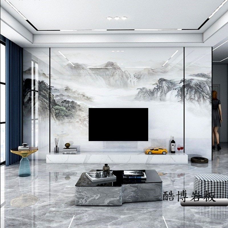 瓷砖电视背景墙效果图高温微晶石岩板现代简约客厅石材大板沙发墙