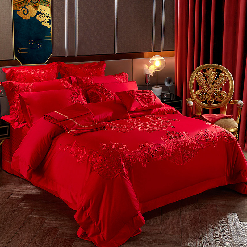 100s支全棉婚庆四件套刺绣婚房床上用品大红色喜被子结婚六十件套
