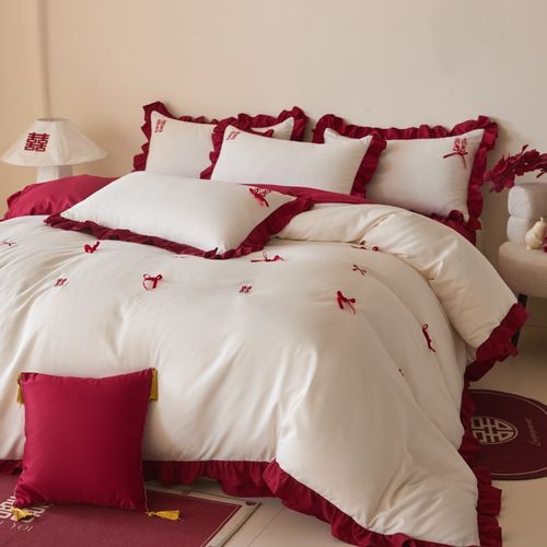 法式浪漫结婚四件套大红色婚庆被套新婚陪嫁床上用品婚房喜被床单