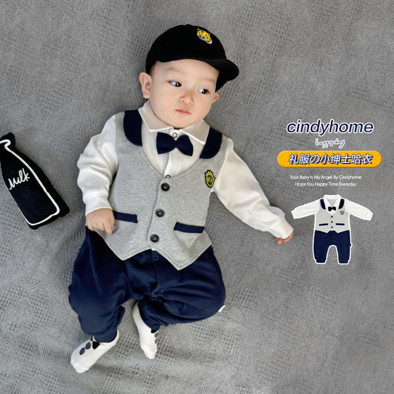 婴儿新生儿宝宝春秋洋气小绅士满月百日宴周岁连体衣哈衣爬服
