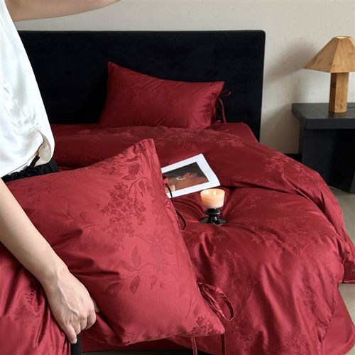 简约100S长绒棉提花结婚四件套红色全棉床单被套纯棉婚嫁床上用品