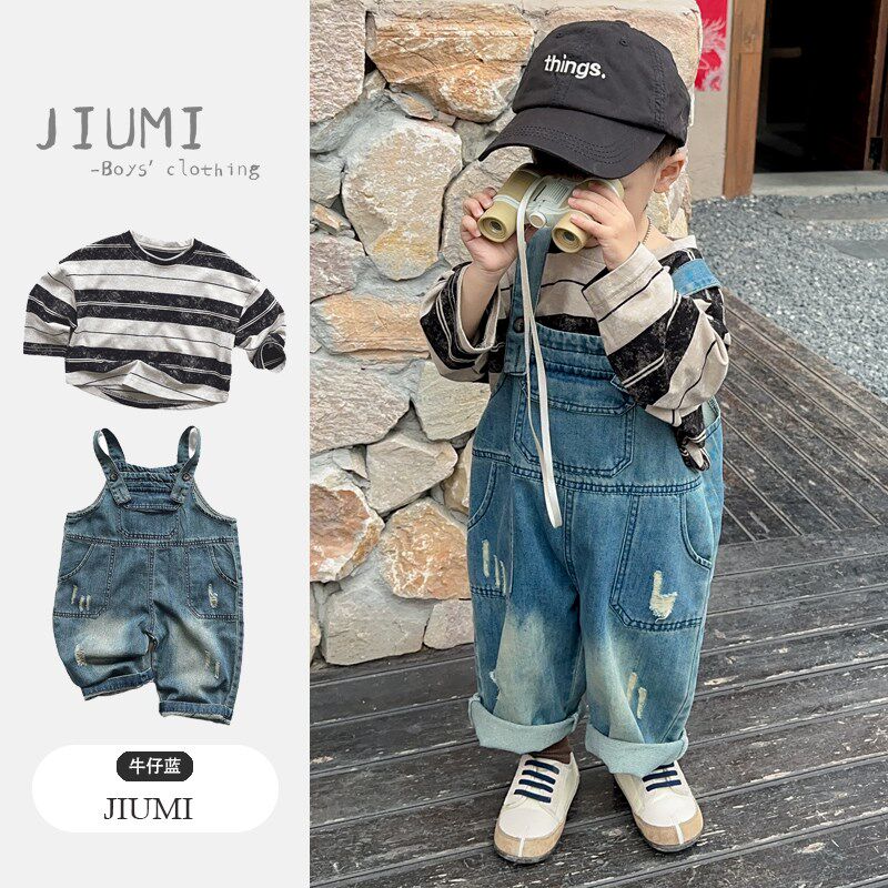 男童春季套装2025春装新款男宝宝条纹打底衫中小童韩版牛仔背带裤