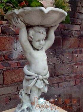 人物欧式园林水景鱼缸雕塑家居装饰摆件小孩举花盆喂鸟器流水喷泉