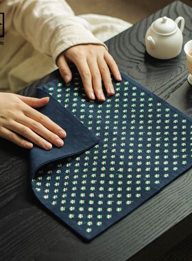 香云纱手工d缝制碎花四方茶席藏蓝色茶巾干泡茶席抹布杯垫子