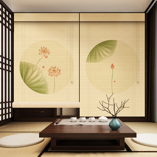 荷花印花竹帘卷帘窗帘拉卷式 饰帘子 茶室客厅新中式 遮阳屏风隔断装