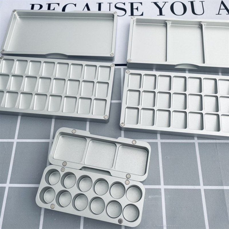 铝合金水彩颜料分装盒调色盒颜料收纳盒12色24色磨砂银金属便携盒