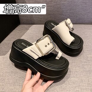 8cm厚底凉拖鞋女2024新v款夏季外穿小个子松糕软底增高皮带扣凉鞋