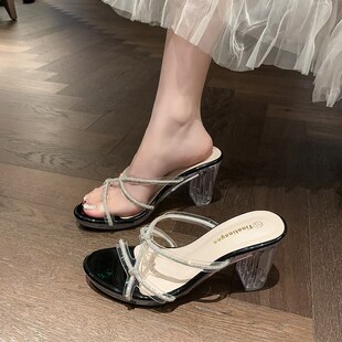 透明水晶粗跟h防水台高跟拖鞋女夏季新款水钻厚底仙女风厚底凉拖
