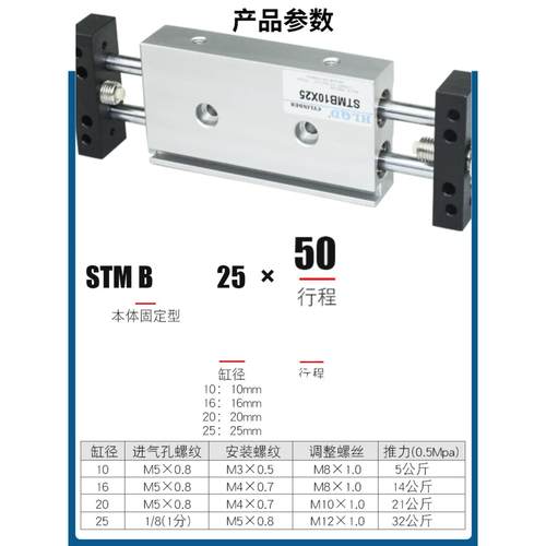 STMB STMS双杆滑台气缸16/20/25X50X100X150X200双杆双轴双出气缸