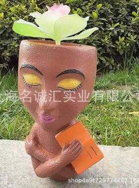 新品热卖人物多肉人脸花盆人像树脂雕像欧美可爱创意家居花盆摆件