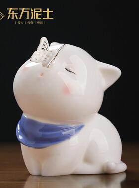 陶瓷可爱小猫咪摆件 创意书桌办公室工位解压桌面动物轻奢装饰品
