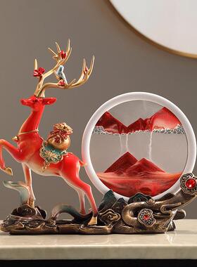 新中式招财鹿流沙画摆件客厅电视柜玄关高档乔迁新居礼品沙漏装饰