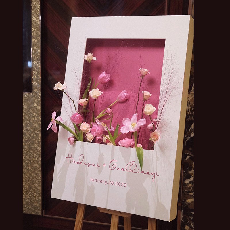 立体花艺迎宾牌立式水牌定制w仿真花展示牌婚礼kt板宝宝满月生日