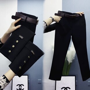 后开叉纽扣小西裤女九分裤2024春秋新款显瘦黑色直筒裤Z白搭烟管