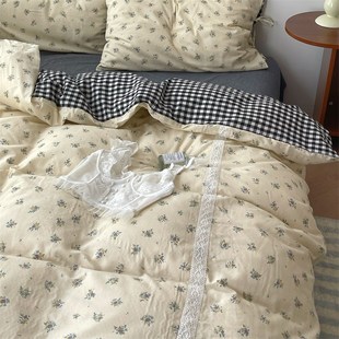 梨梦 柏林花事 韩系纯棉双层纱水洗棉四件套全棉床单被套床上用品