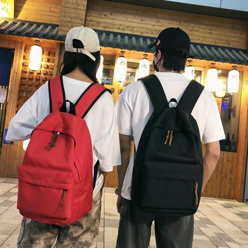 简约百搭双肩包红色n大容量大学生时尚书包女韩版高中背包男旅行