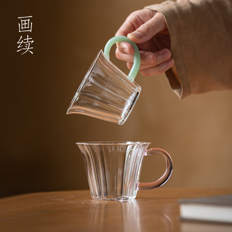 画续耐高温玻璃茶杯品茗杯x主人杯喝茶杯子高硼硅带把手高颜值