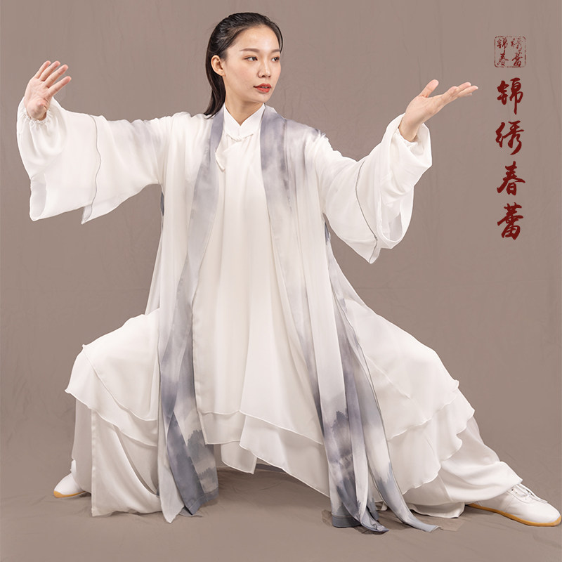 马蕾太极新款雪纺披纱q练功服男红专用纱长款飘逸高档比赛表演纱