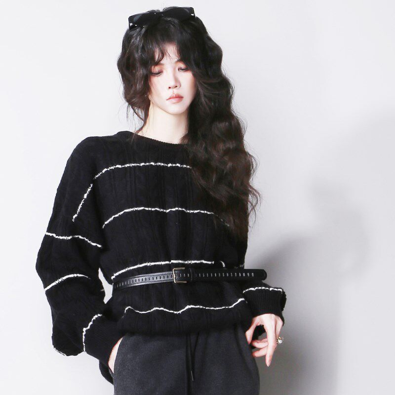 Z38极简黑白细条纹q松弛感麻花纹套头圆领宽松显瘦打底韩版毛衣