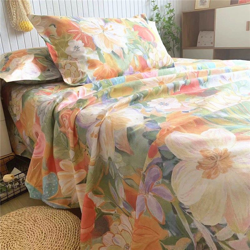 高档纯棉老粗布床单三件套田园大花亚麻帆布榻榻米加大炕单不起球