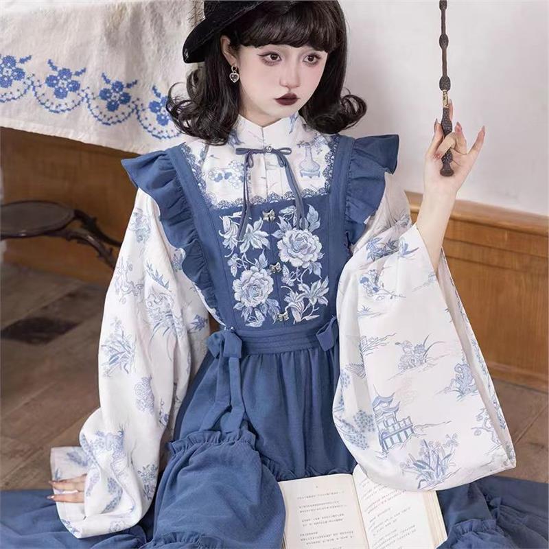 青花魔女新中式汉洋改良明制立领长衫小飞袖围裙洛丽塔汉服套装女