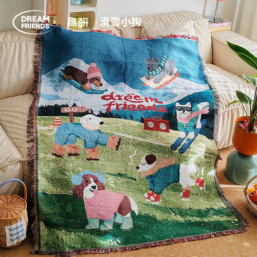 Dreamfriends肯研原创滑雪小狗创意挂毯艺术插画沙发毯针织盖毯