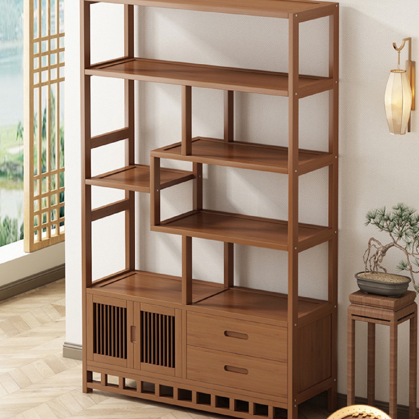 博古架实木中式茶叶展示柜茶架子置物架茶室茶柜茶具摆件收纳柜子