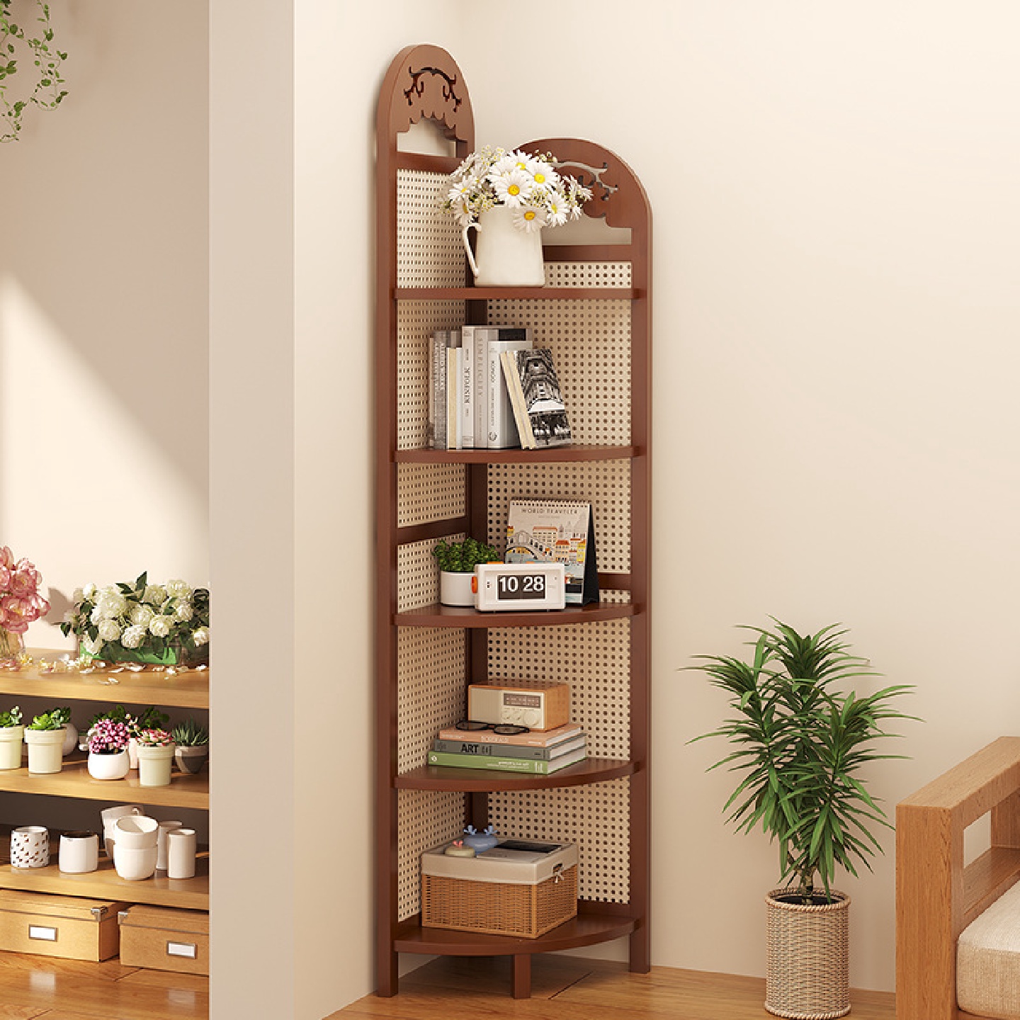 藤编中式复古转角置物架墙角架子储物书架客厅靠墙花架沙发边收纳