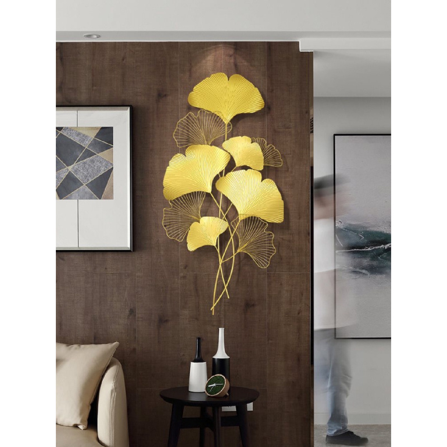 现代中式进门墙壁装饰轻奢客厅背景墙过道玄关金属壁饰挂件银杏叶