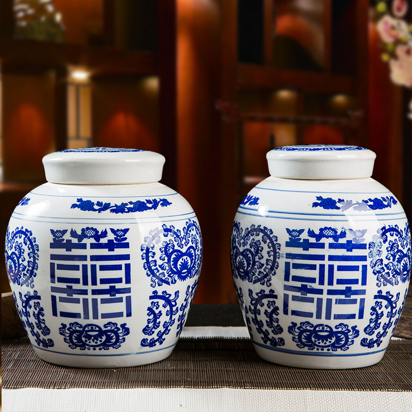 景德镇青花陶瓷储物罐中药装膏方罐子厨用密封茶叶罐带盖罐喜字坛
