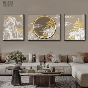 客厅装 新中式 饰画水墨鹤楼led灯画圆形叠加挂画沙发背景墙三联画