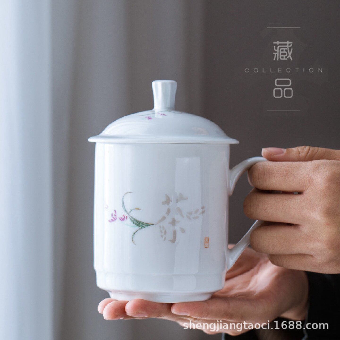 景德镇手绘玲珑茶杯陶瓷马克杯家用带盖水杯咖啡杯办公室喝茶杯子