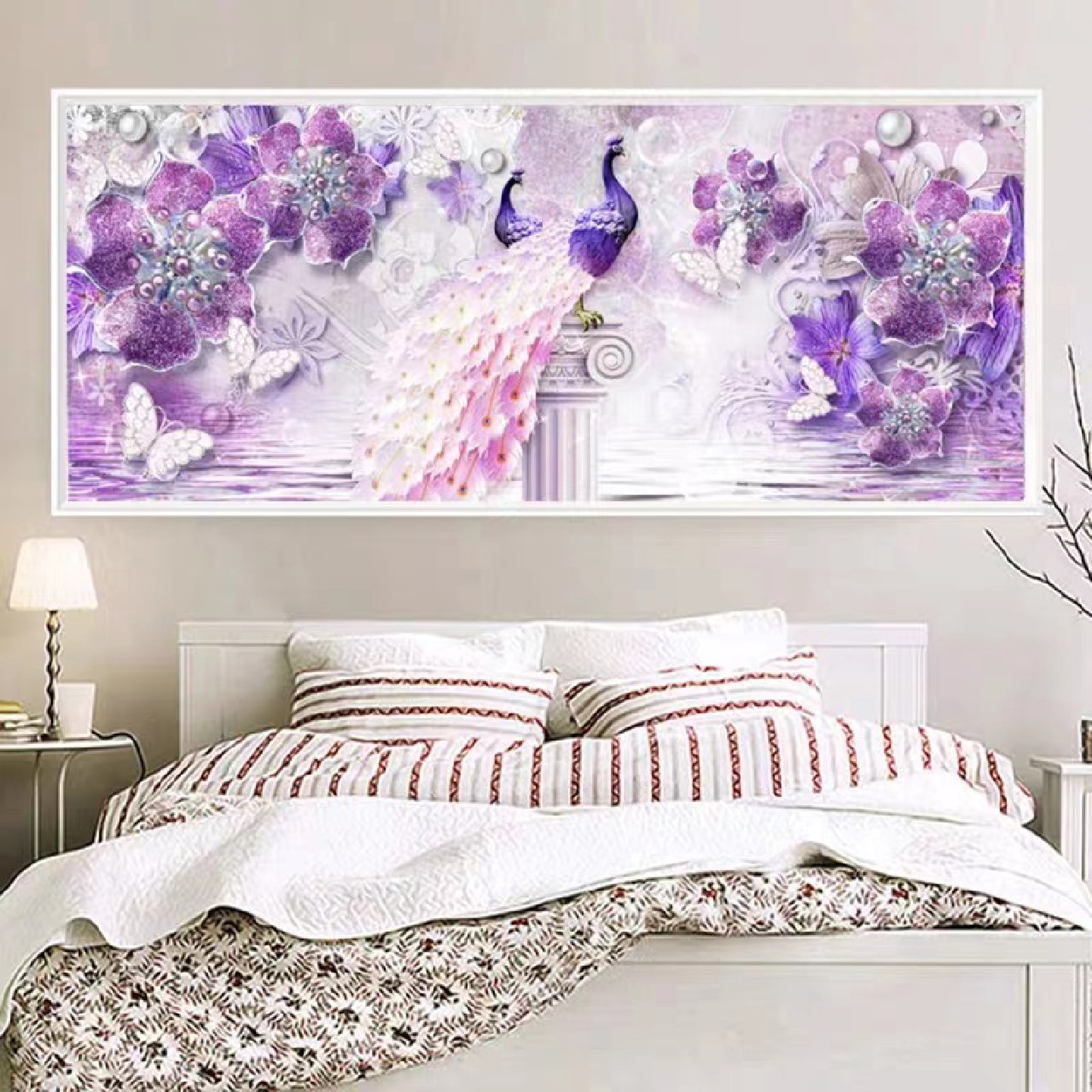 满钻钻石画DIY珍珠花卉祥点钻十字绣粉色孔雀客厅装饰画点钻砖石