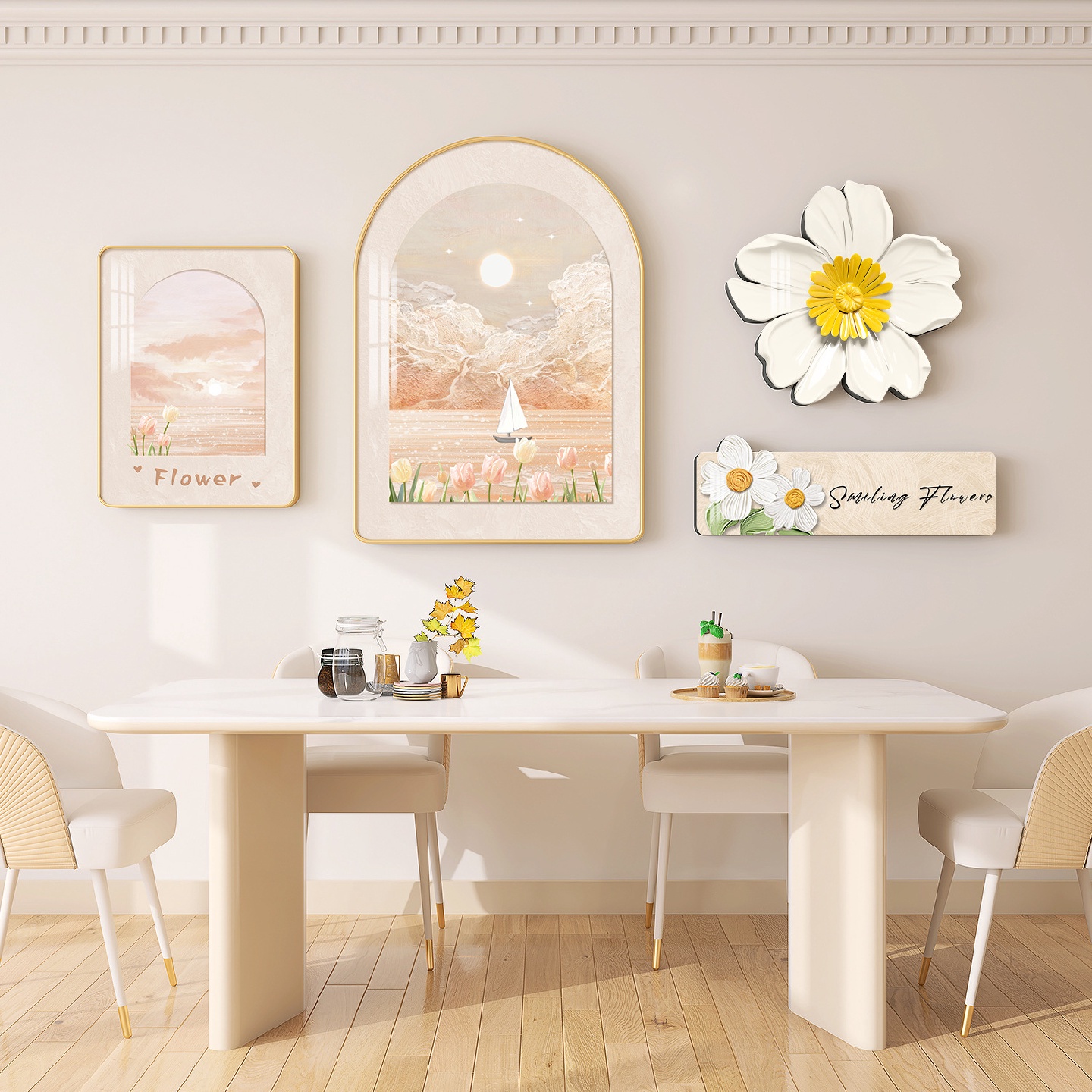 北欧奶油风餐厅装饰画餐桌背景墙面挂画歺厅厨房高级感花卉墙壁画图片