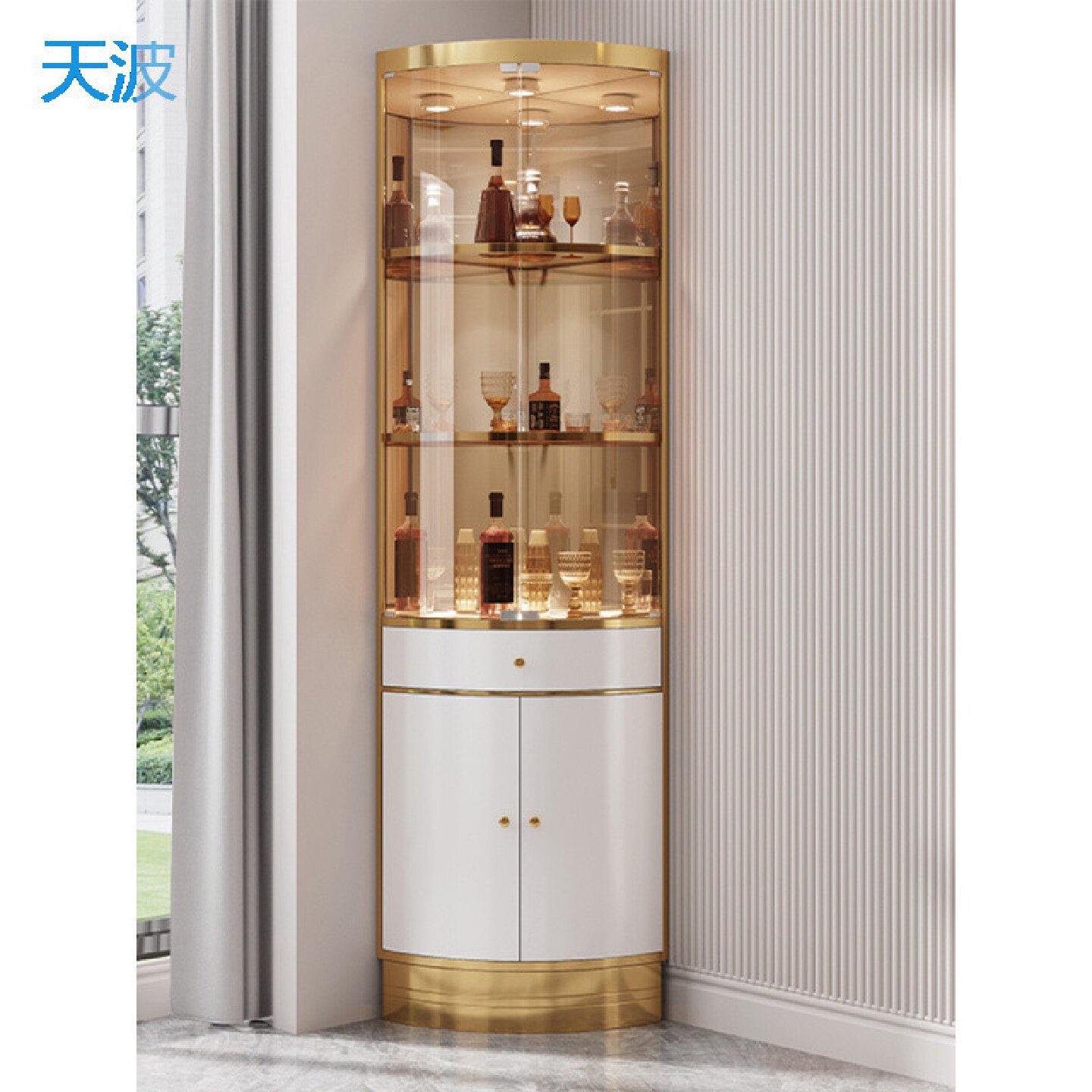 dnd轻奢三角酒柜客厅墙角柜不锈钢扇形玻璃门抽柜现代简约靠墙转