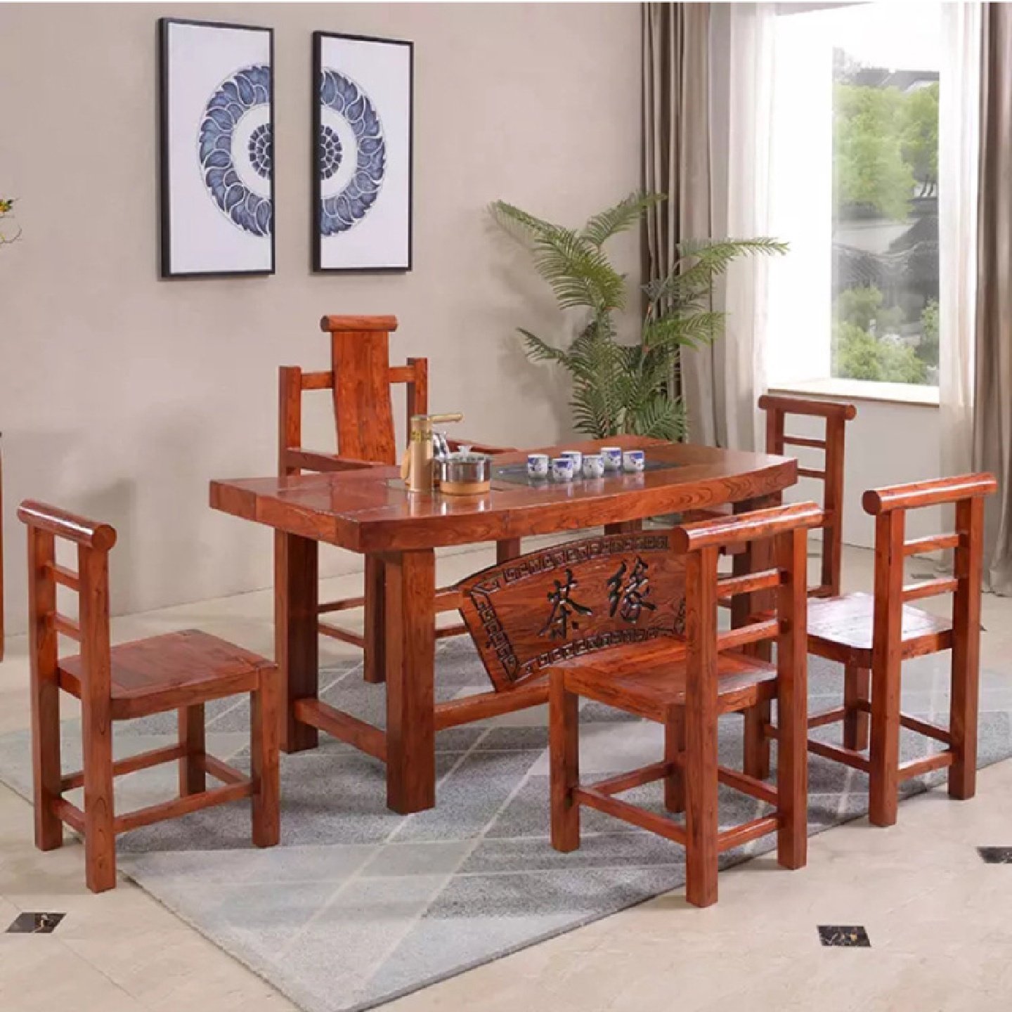 老榆木功夫茶台仿古实木茶桌椅组合店面办公室茶艺桌大板茶桌批发